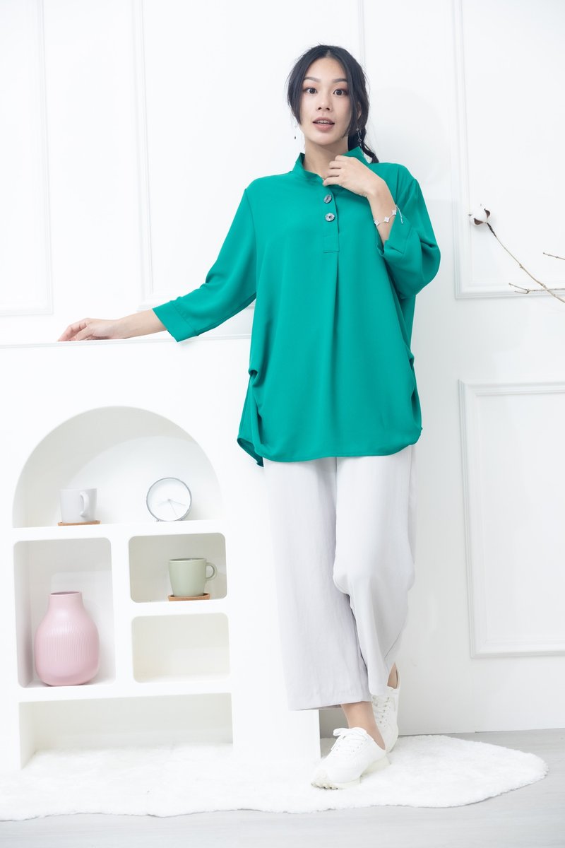 Plain half placket chiffon top green - เสื้อผู้หญิง - วัสดุอื่นๆ สีเขียว