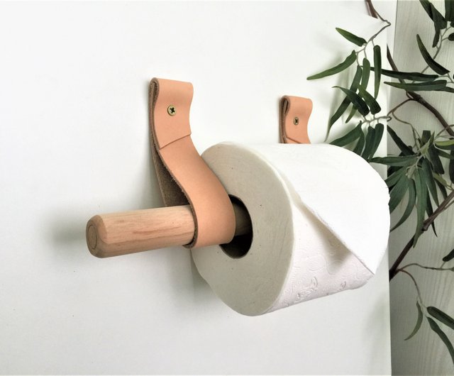 Toilet Paper Holder Kit with Leather Strap Hooks & Wood Dowel