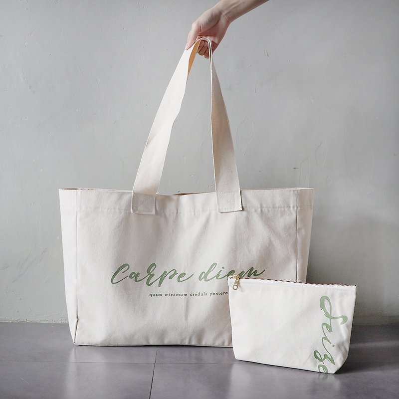 Ada Beach Bag Set/ Matcha Green Portable Shoulder Bag - Messenger Bags & Sling Bags - Cotton & Hemp White