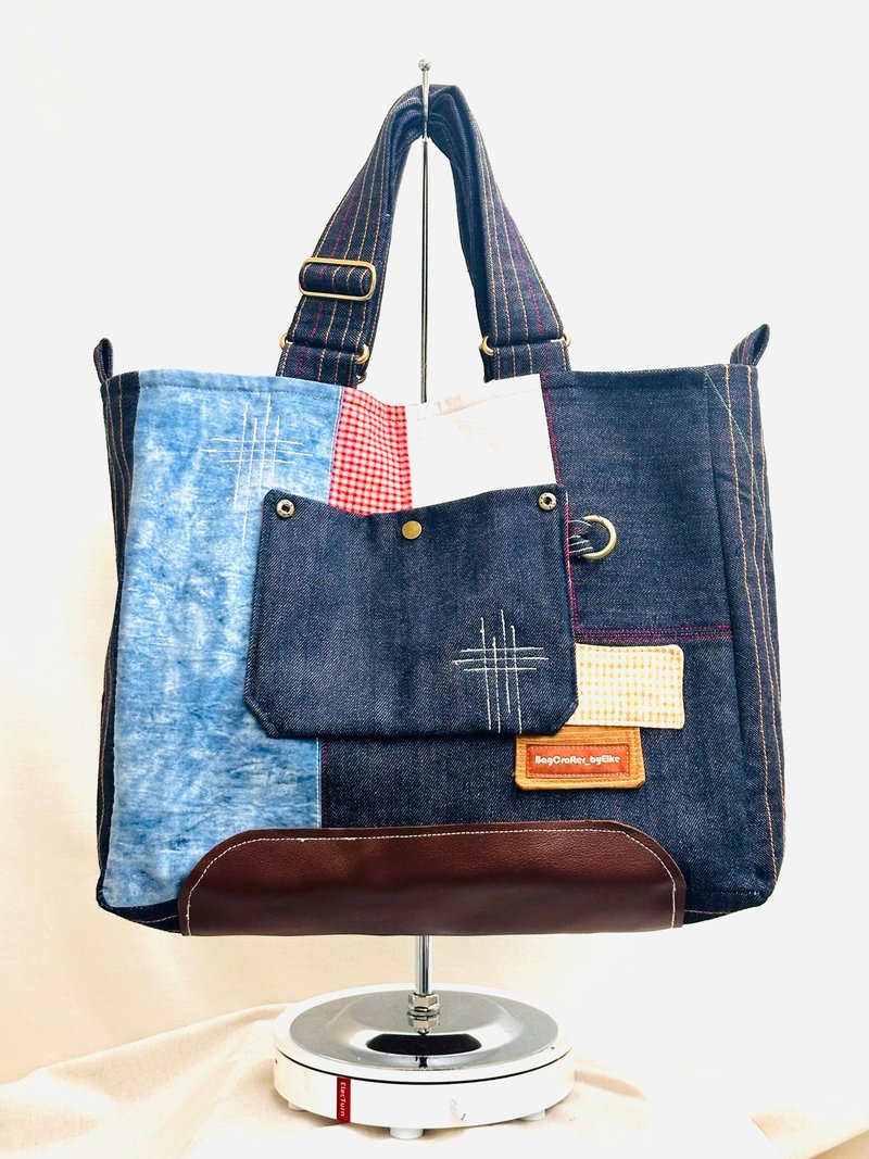 BC 藍染拼布超大Tote Bag - 側背包/斜背包 - 棉．麻 藍色