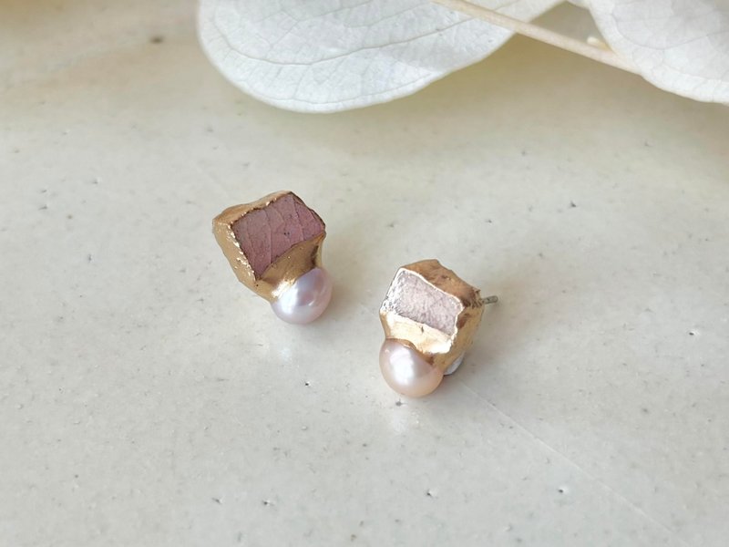 萩焼　金継ぎ　サージカルステンレスピアス　ピンク　淡水パール　天然石　 伝統工芸　No.350 - 耳環/耳夾/耳骨夾 - 陶 粉紅色