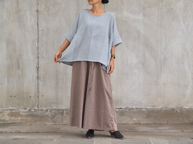 Wide pants with waist adjustment with greige / long string - Women's Pants - Other Materials Gray