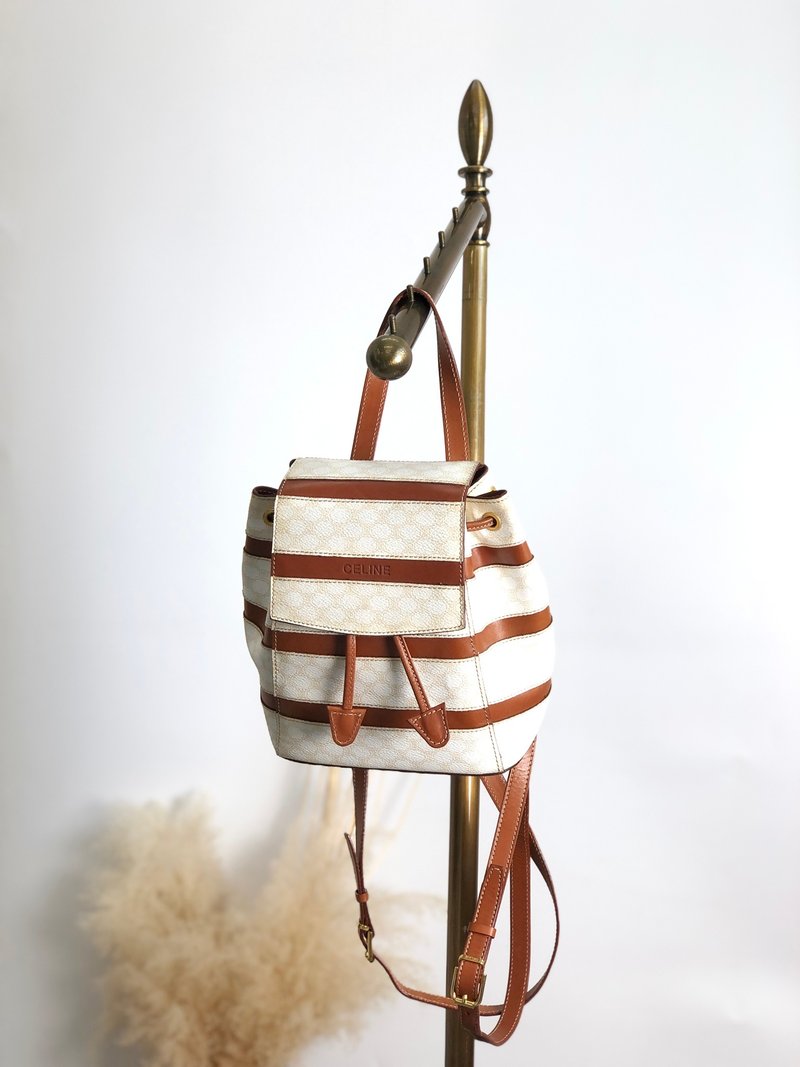 【 日本直送　名牌中古包 】CELINE セリーヌ マカダム バックパック ホワイト ロゴ PVC レザー ボーダー リュック vintage zpxaay - 後背包/背包/書包 - 防水材質 白色