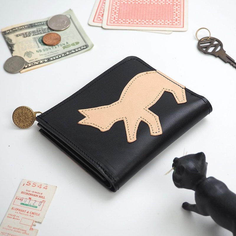 L-shaped zipper wallet / cat patchwork / black - Wallets - Genuine Leather Black