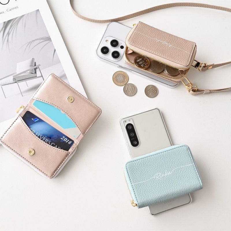 多機種対応 回転式 クリア スマホケース 【 2Cポーチ 名入れ 】 スマホショルダー くすみカラー コインケース カードケース ポーチ 名入れ無料 BE15U - 手機殼/手機套 - 人造皮革 咖啡色