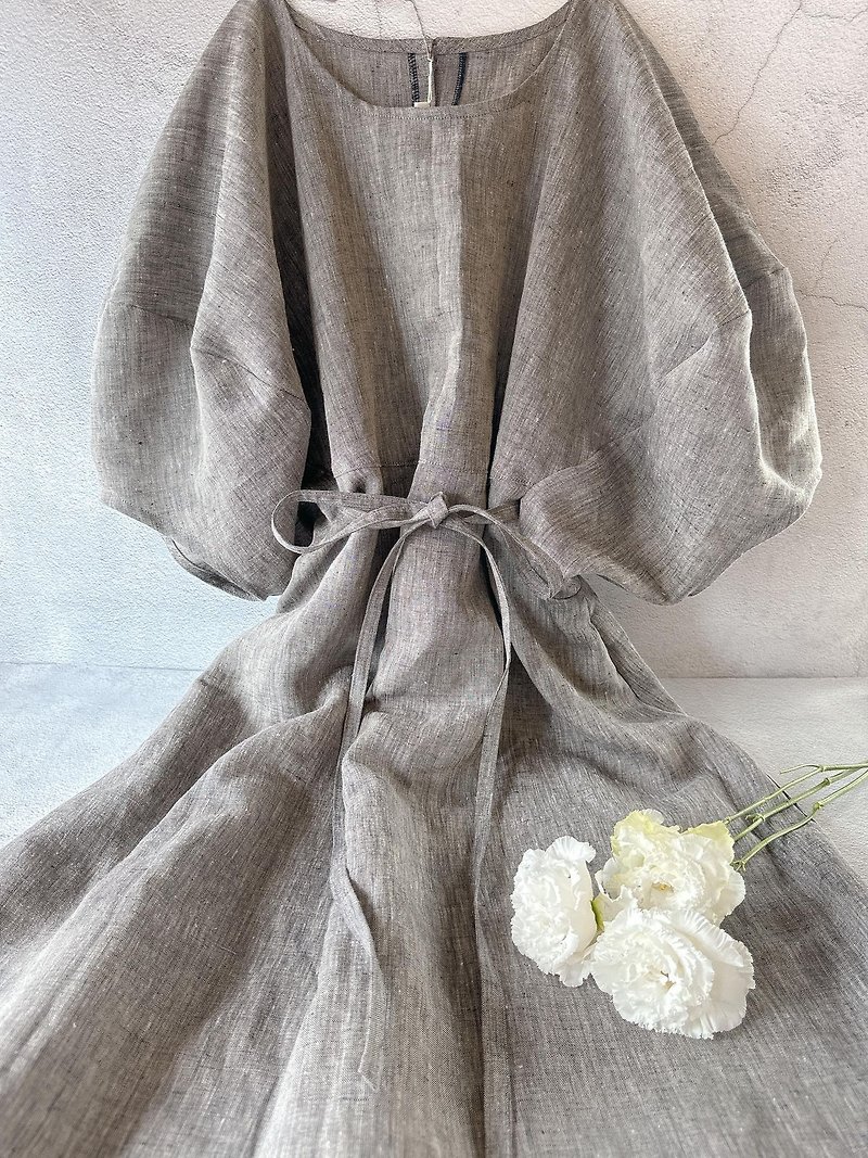 [Fast Shipping] One-Sleeve Fluffy Cloud Puff Sleeve Dress Japanese Linen Sesame Milk Color - One Piece Dresses - Cotton & Hemp Gray