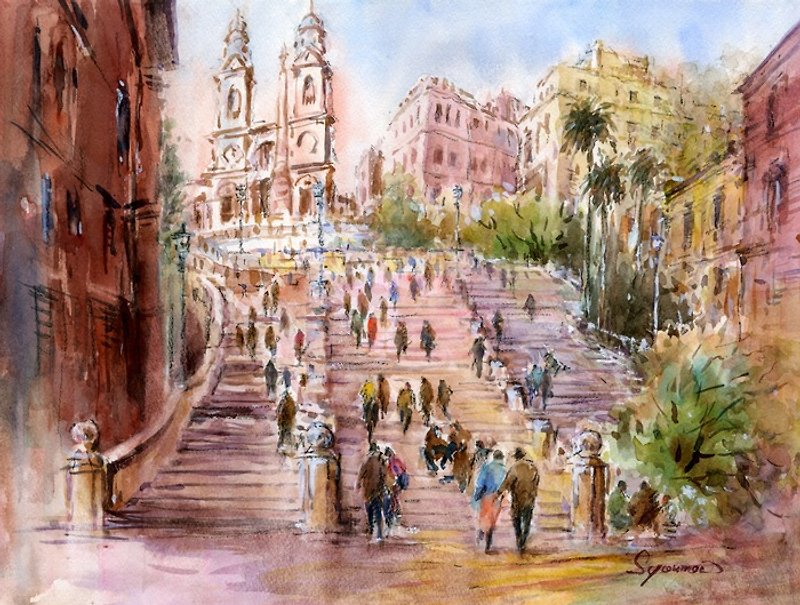 Watercolor painting Homage Spanish Steps / Rome - โปสเตอร์ - กระดาษ สีนำ้ตาล