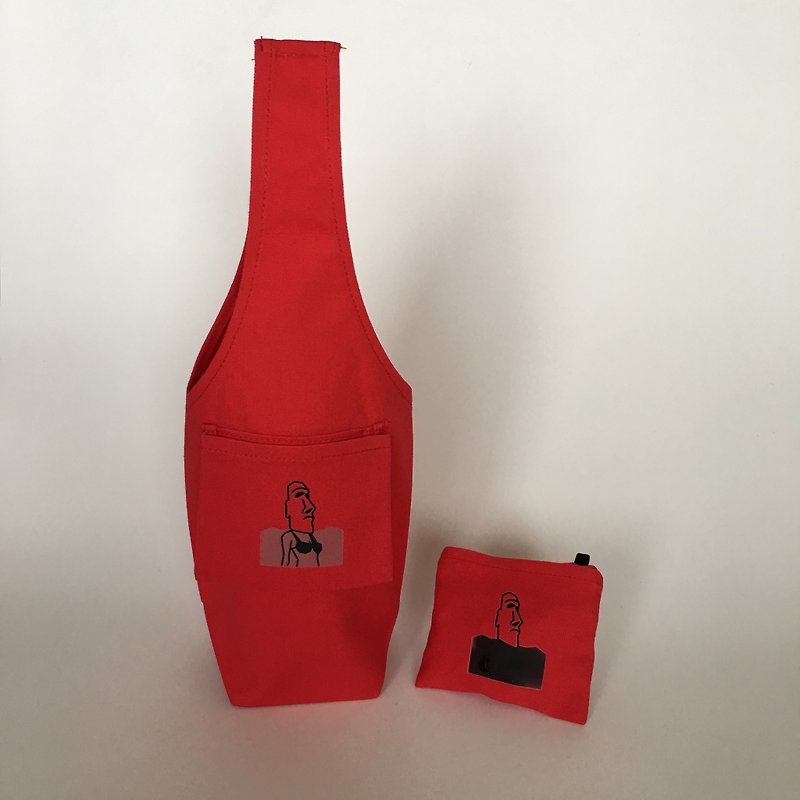 YCCT 環保飲料提袋包覆款 - 魅力紅小魔女 ( 冰霸杯/梅森瓶/保溫瓶 ) 專利收納/感溫變化 摩艾石像杯套 - 杯袋/飲料提袋 - 棉．麻 紅色