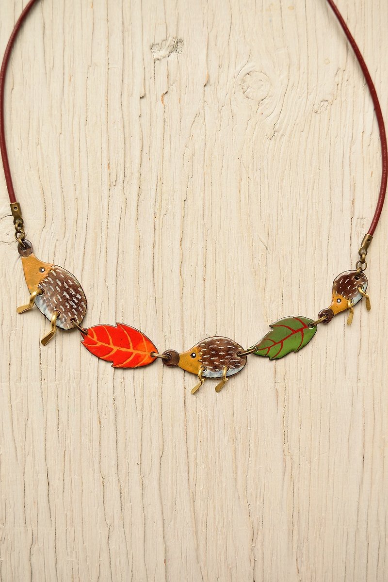 Hedgehog Family Enamel Necklace, Leaves, Spiny Hedgehog, Forest Jewelry, Leaf