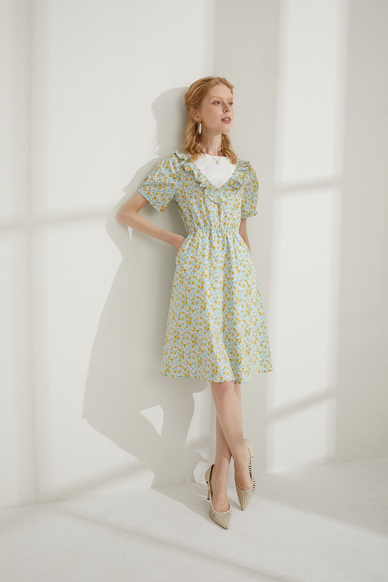 Crew Neck Patchwork Floral Dress | Mint Green | Lined - ชุดเดรส - เส้นใยสังเคราะห์ สีเขียว