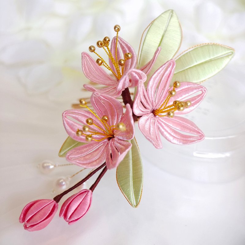 粉色小梅花髮夾 纏花 春仔花 和服發飾 天然真絲 蠶絲 - 髮夾/髮圈 - 絲．絹 粉紅色