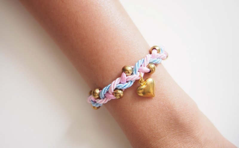 Pink & Blue braided bracelet with gold brass balls and heart charm - Bracelets - Other Materials Pink