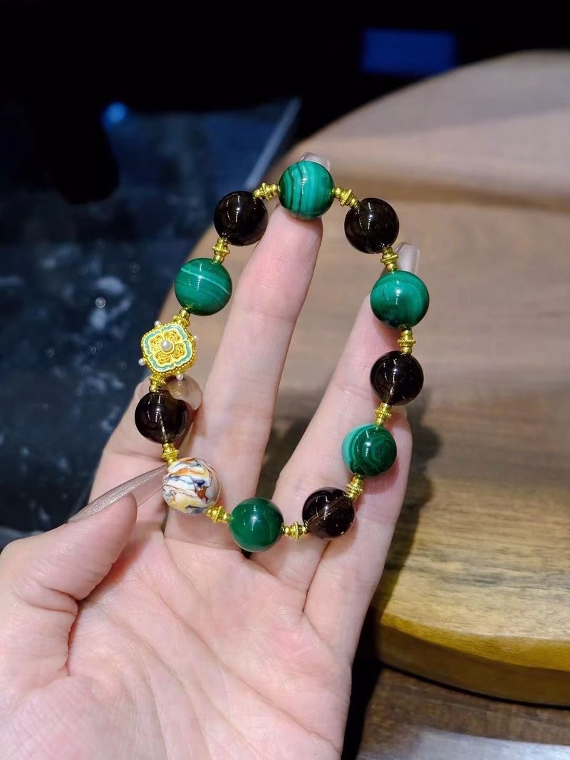 秘境溪 11mm茶水晶 搭配12mm孔雀石手鏈 - 手鍊/手環 - 水晶 