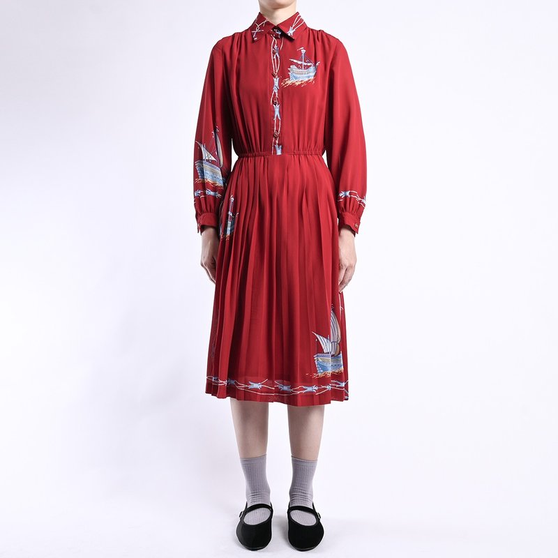 Vintage dress / Vintage 復古洋裝 - One Piece Dresses - Cotton & Hemp Red