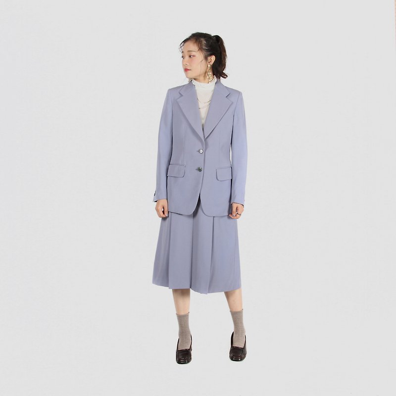 [Egg Plant Vintage] Youyou Yuyun Skirt Thin Hair Vintage Suit - One Piece Dresses - Wool Blue