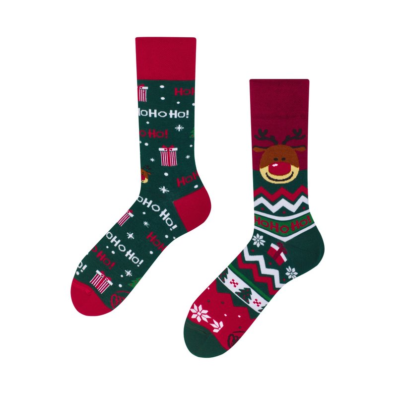 Rudolph Mismatched Adult Crew Sock - ถุงเท้า - ผ้าฝ้าย/ผ้าลินิน สีแดง