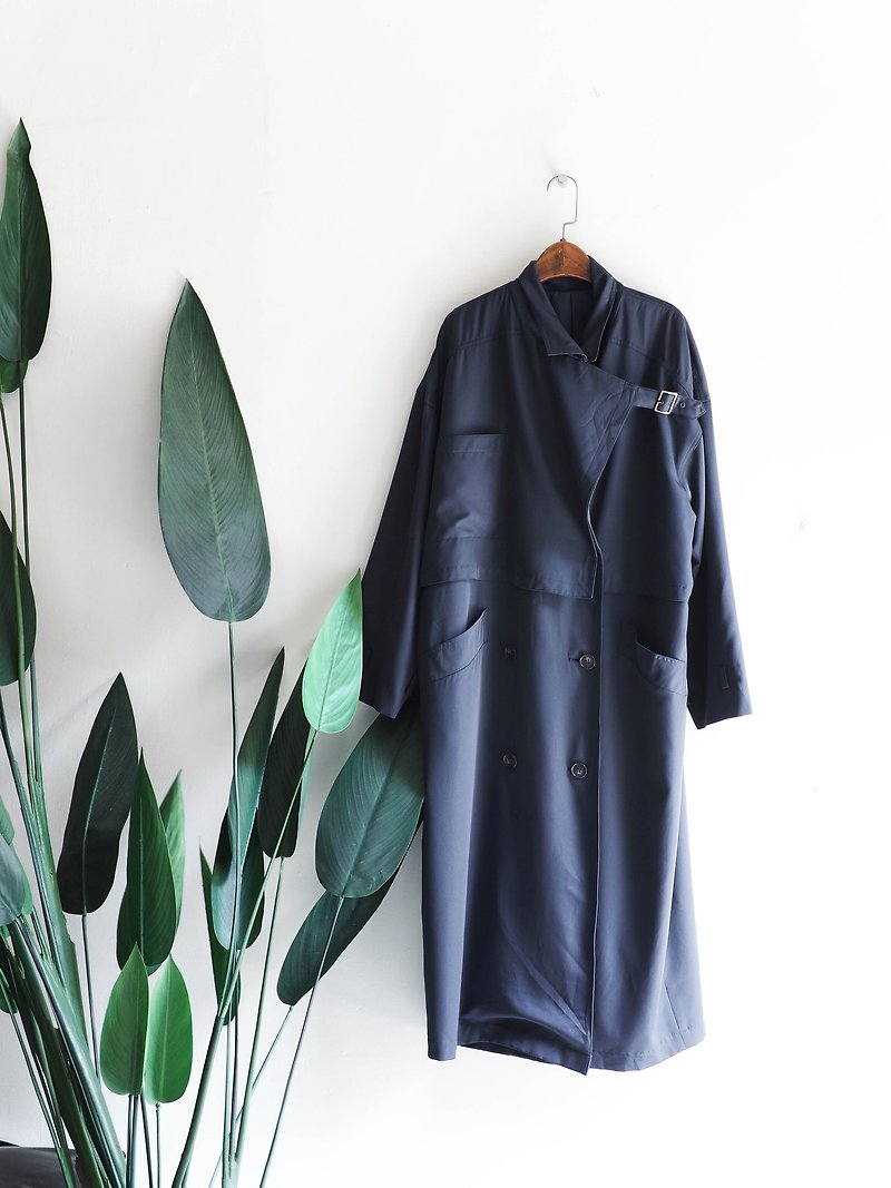 愛知深藍經典雙排簡約時尚 古董薄料風衣外套trenchcoat dustcoat - 外套/大衣 - 聚酯纖維 藍色