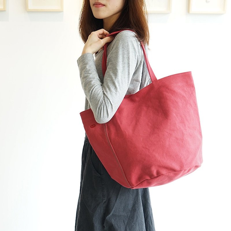 MOGU/Canvas Shoulder Tote Bag/Watermelon Red/Small Cam - กระเป๋าแมสเซนเจอร์ - ผ้าฝ้าย/ผ้าลินิน สีแดง
