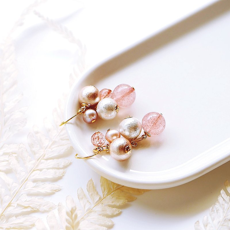 Gentle gorgeous asymmetric cotton pearl earrings strawberry crystal bean paste powder 14K temperament change clip - Earrings & Clip-ons - Gemstone Pink