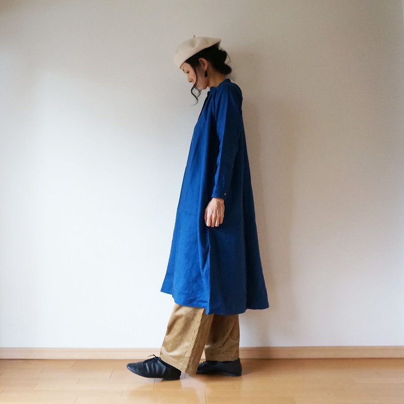 Linen one-piece coat ladies BLUE - ชุดเดรส - ผ้าฝ้าย/ผ้าลินิน สีน้ำเงิน