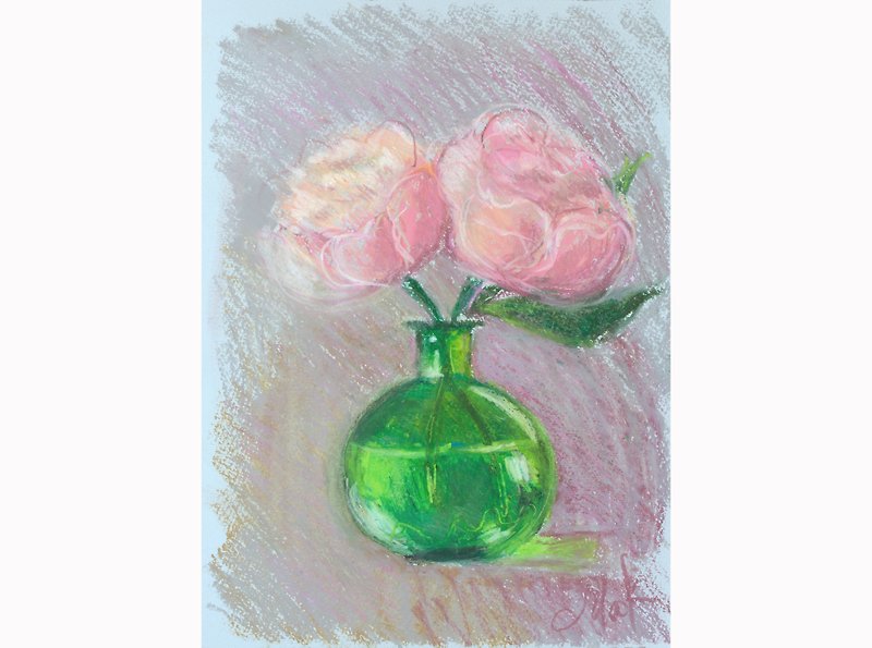 Pink Peony Painting Abstract Flowers in Vase Original Wall Art Floral Oil Pastel - ตกแต่งผนัง - วัสดุอื่นๆ สึชมพู