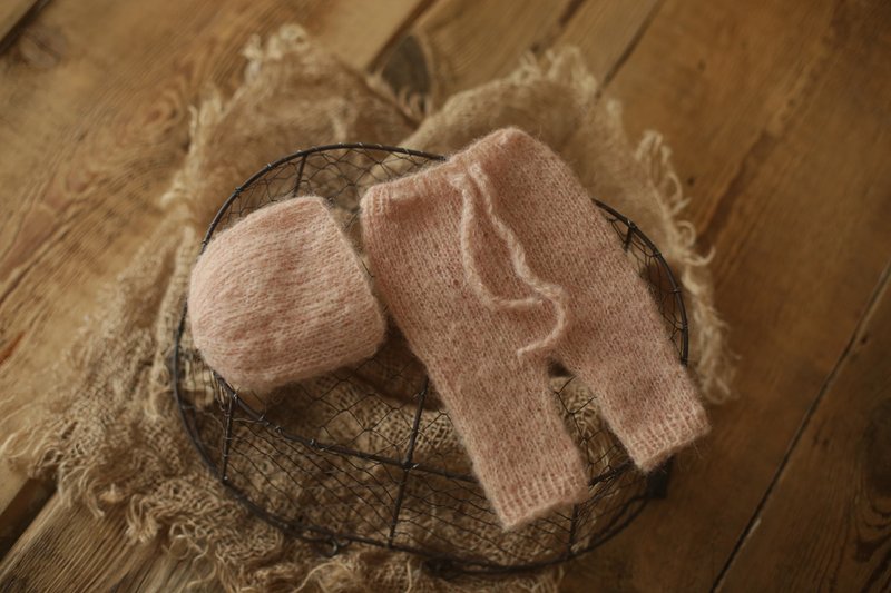 Set newborn panties and knit alpaca baby bonnet, newborn photo props outfit - 嬰兒手鍊/飾品 - 羊毛 綠色