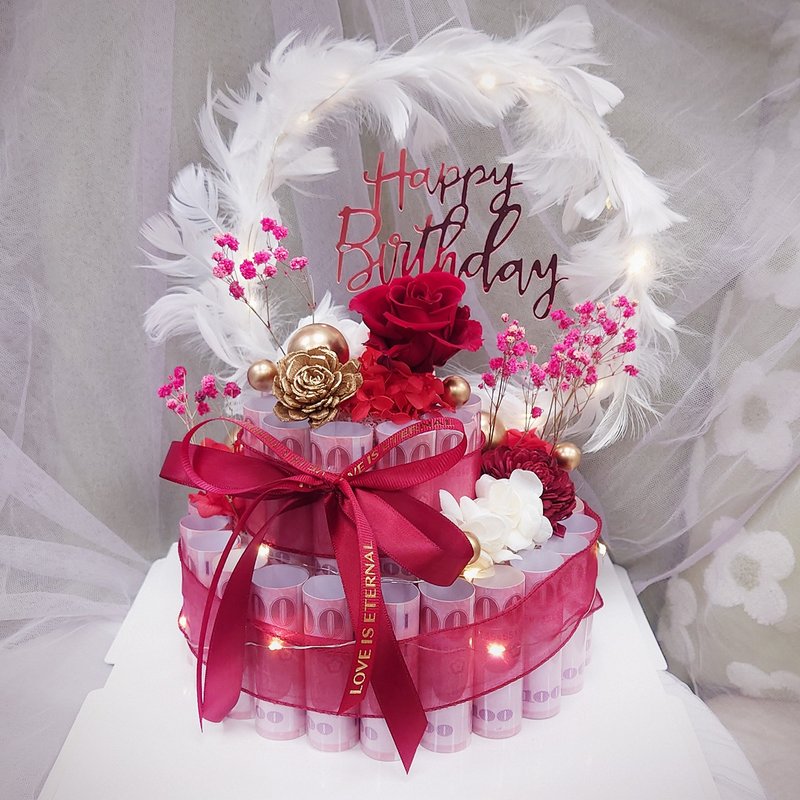 羽你有圓雙層有錢花蛋糕/有錢花蛋糕/永生花/生日禮物/鈔票蛋糕 - 乾燥花/永生花 - 植物．花 紫色