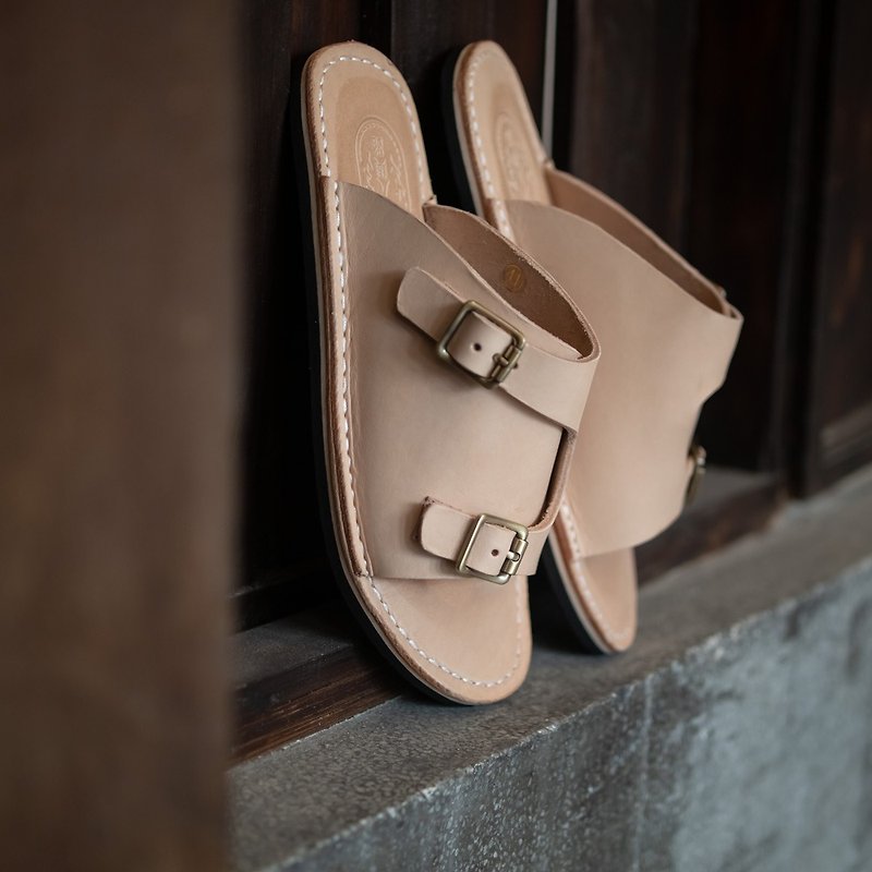 Vegetable tanned leather slippers sandals Mengke slippers_primary vegetable tanned leather - Sandals - Genuine Leather Khaki