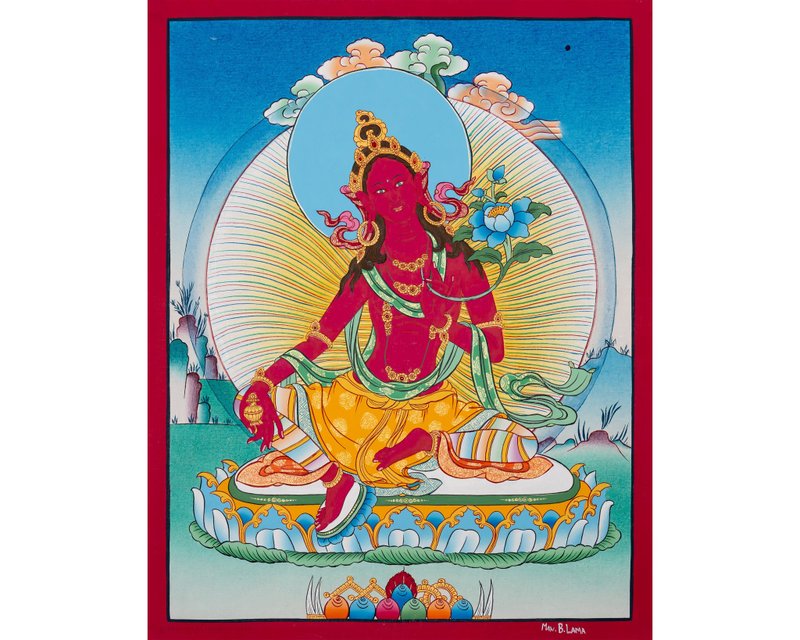 紅度母唐卡畫 以神聖恩典提升您的靈性裝飾 - 壁貼/牆壁裝飾 - 其他材質 多色