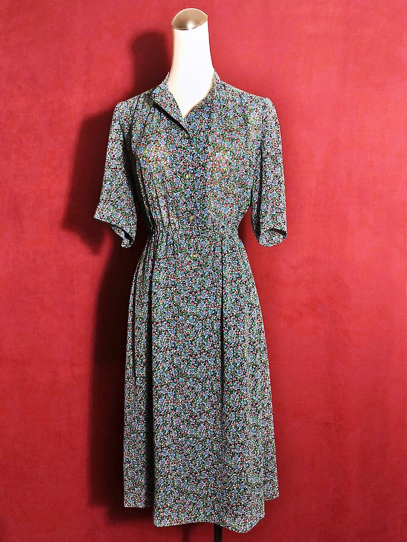 Flower short-sleeved vintage dress / brought back to VINTAGE abroad - ชุดเดรส - เส้นใยสังเคราะห์ สีน้ำเงิน