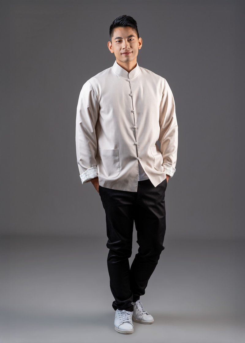 男士亞麻唐裝外套 (米色/ 香檳色)|香港設計 - 男夾克/外套 - 其他材質 卡其色