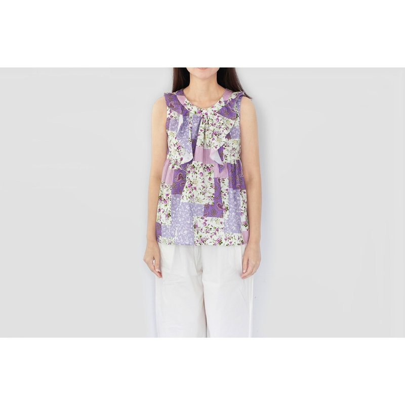 Purple patchwork sleeveless and cutouts under the chest - 女上衣/長袖上衣 - 棉．麻 紫色