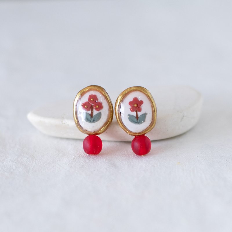 Frame earrings/ Clip-On /oval pomegranate/ Stainless Steel - ต่างหู - ดินเหนียว สีแดง