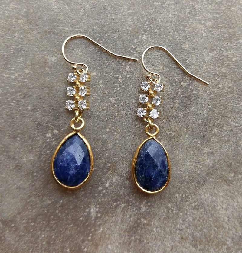 Lapis Lazuli Gemstone Earrings with CZ - ต่างหู - เครื่องเพชรพลอย 