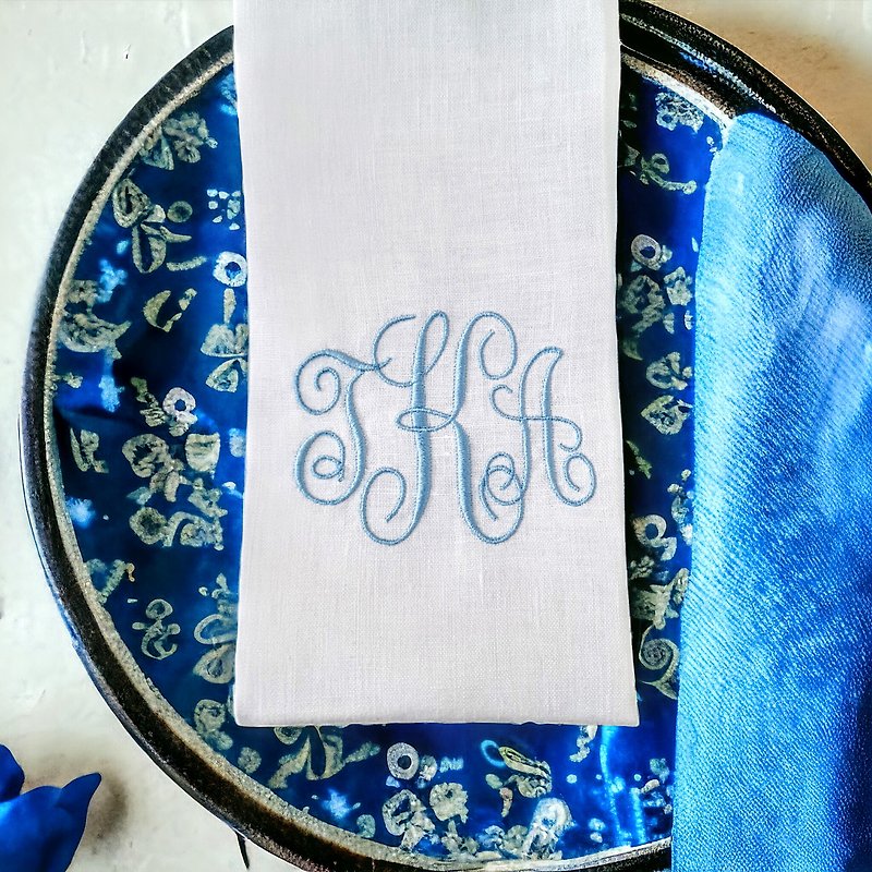 Custom monogram embroidered linen cloth dinner napkins set, Personalized gift - ผ้ารองโต๊ะ/ของตกแต่ง - ลินิน ขาว