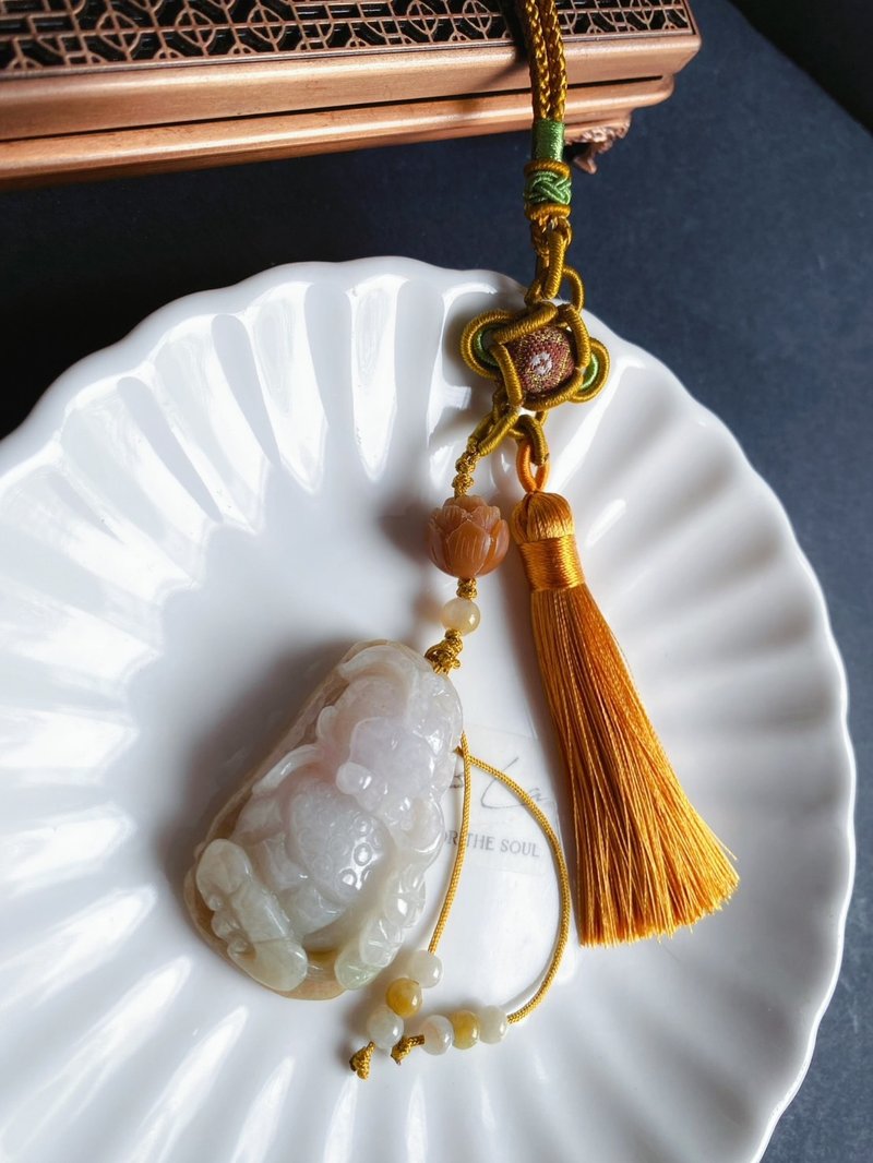 天然緬甸玉 翡翠 金魚 飄花 如意 一葉致富 發財 包掛 禮物 車掛 - 手機掛繩/背帶 - 玉石 綠色