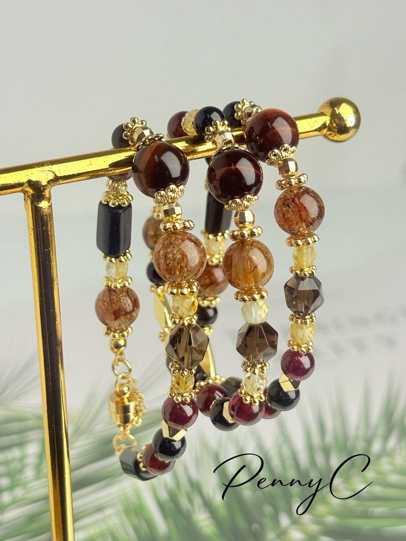 紅虎眼 黑碧璽 紫牙烏石榴石 黑金髮 黃水晶 招財防小人水晶手鍊 - 手鍊/手環 - 水晶 