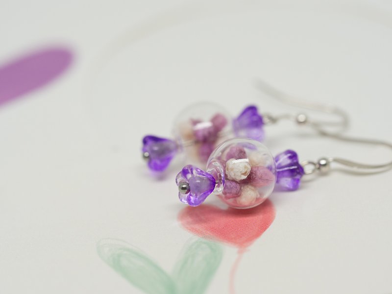 愛の家OMYWAY手作りの乾燥花紫色の小さな雪のボールガラスの懐かしいキャンディ耳のフックイヤリング耳のクリップ - ピアス・イヤリング - ガラス ホワイト