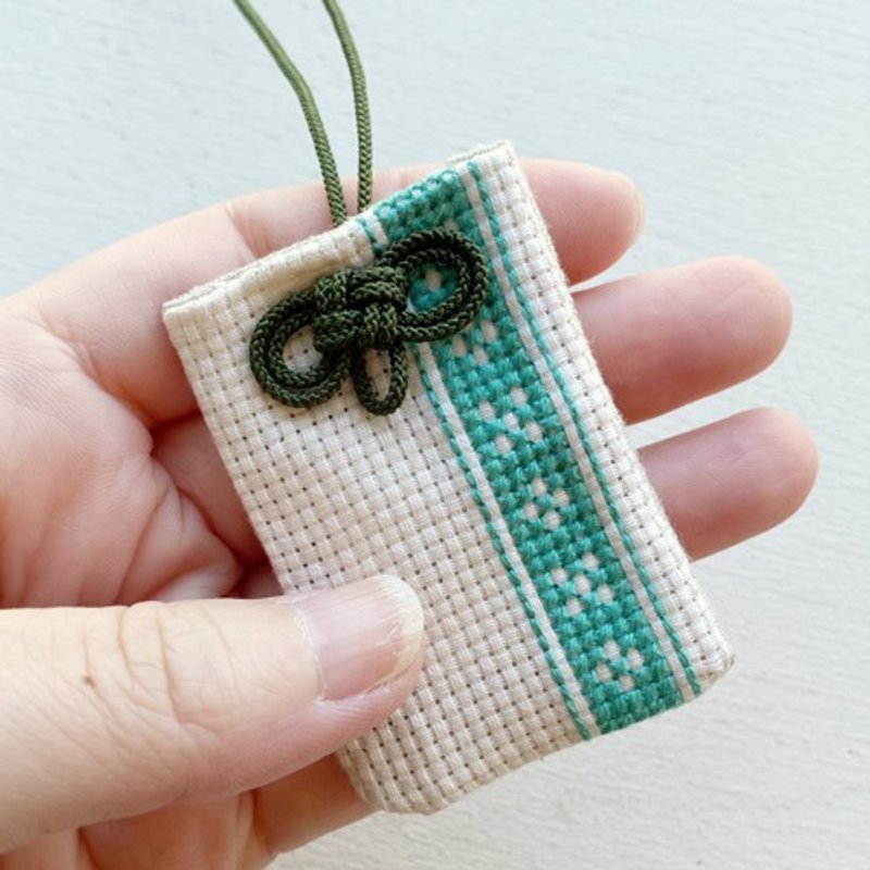 Cross-stitch Maas bag, amulet bag, mincer pattern, green - Card Holders & Cases - Cotton & Hemp Green