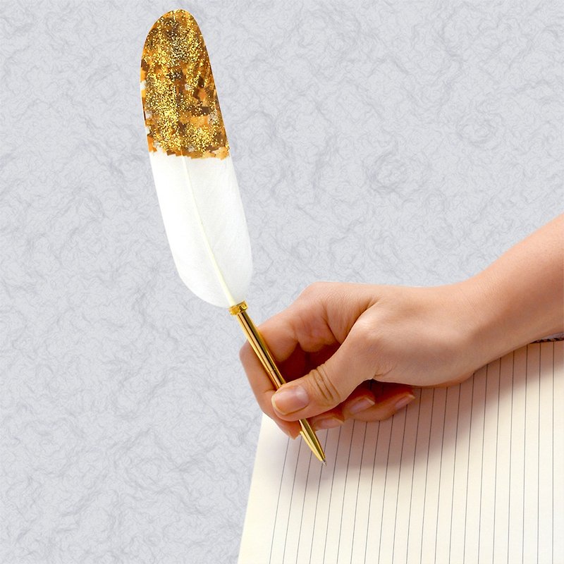 Japan Quill Pen Feather Ball Pen Gold Luxury Series G03 Feather Pen Pure White Glitter - ปากกา - วัสดุอื่นๆ ขาว