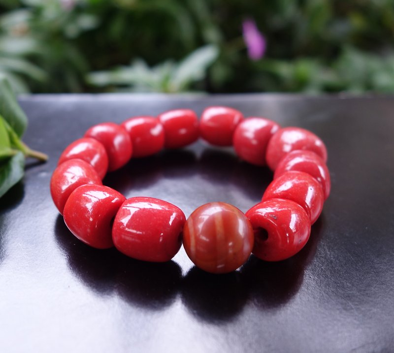 Qing Dynasty old colored glaze beads coral red old colored glaze beads Tibetan Sherpa beads Sherpa colored glaze abacus beads bracelet - Bracelets - Glass Red