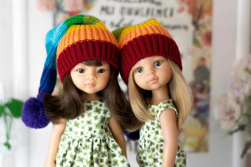 Rainbow striped hat for doll Paola Reina,cap with pompom, 针织帽, St. Patrick's Day - 寶寶/兒童玩具/玩偶 - 羊毛 多色