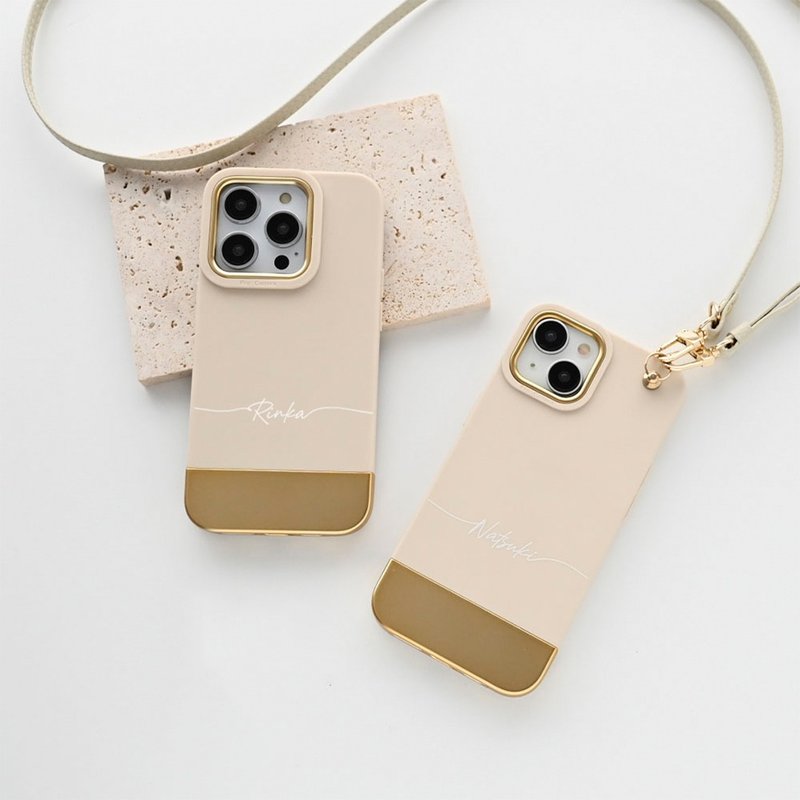 Smartphone case [Bicolor TPU case with name engraving] Smartphone shoulder bag with gold parts, text engraving, free name engraving OS44U - เคส/ซองมือถือ - พลาสติก สีทอง