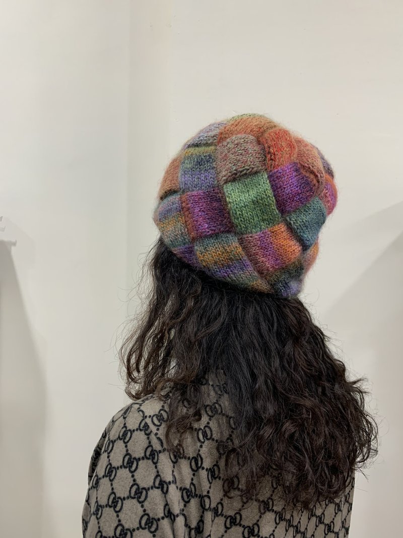 手工編織。方格拼接毛帽。輕盈保暖日本線材。拼接貝蕾帽。 - 帽子 - 羊毛 