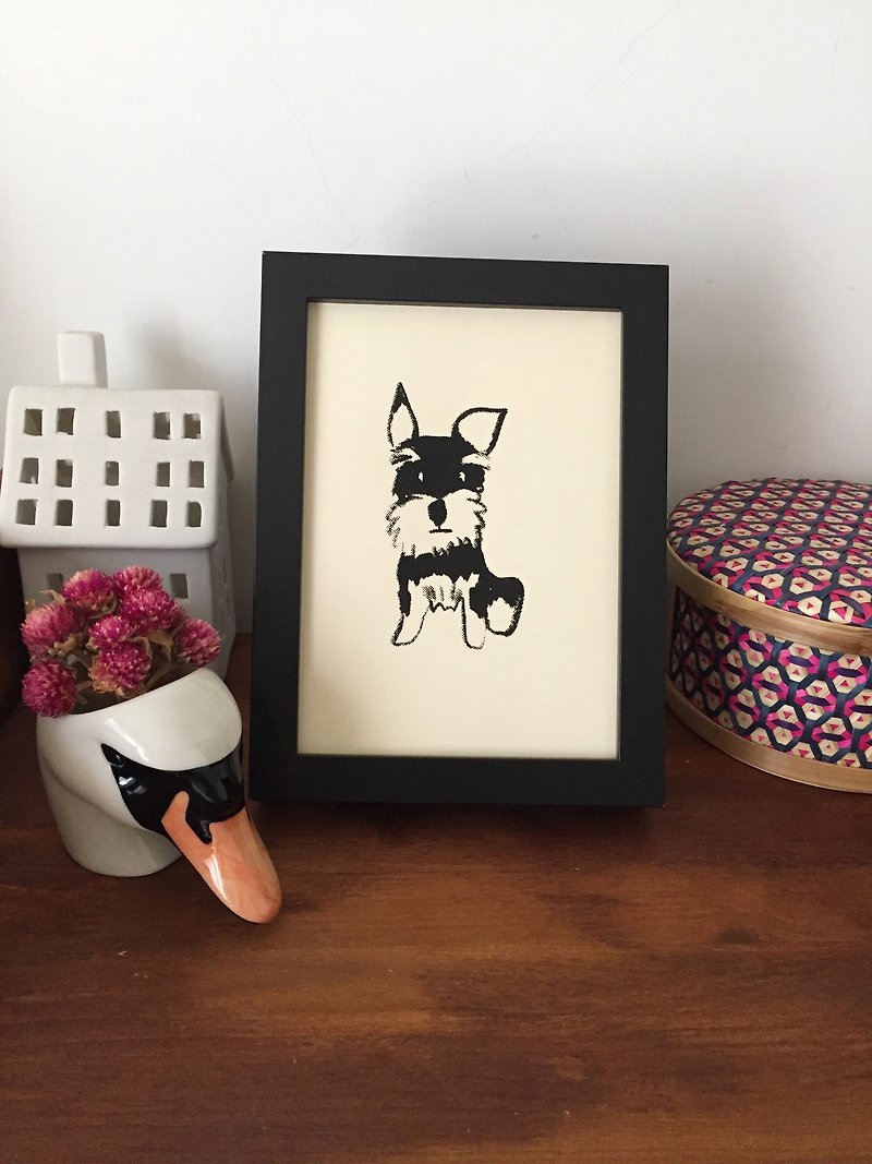 Schnauzer dog, hand-printed prints - โปสเตอร์ - กระดาษ ขาว