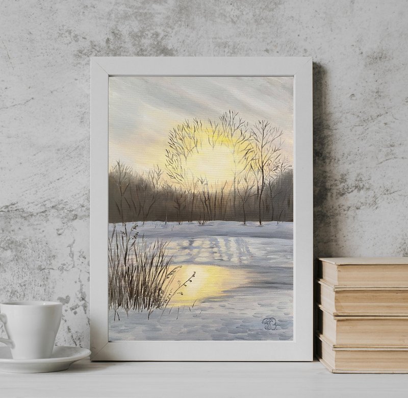 Original Oil Painting Winter Sunset Realistic Art 30 x 20 cm - 壁貼/牆壁裝飾 - 紙 灰色