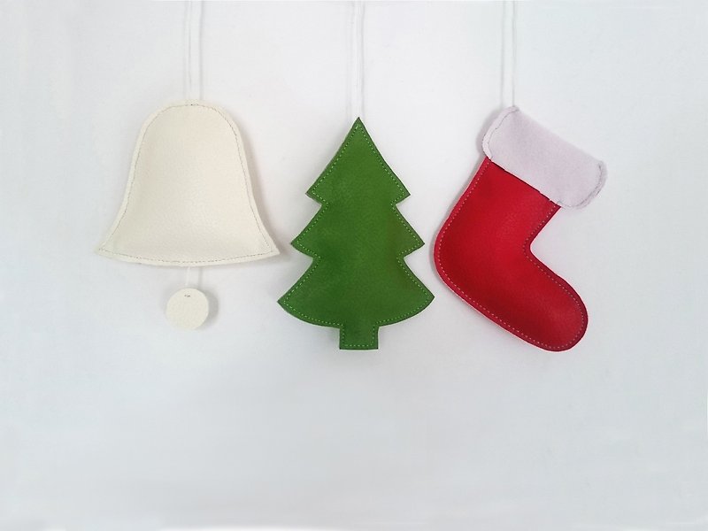 Christmas Ornaments, Christmas Tree Decoration, Christmas Stocking, Christmas Tree, Christmas Bell, Home Decor, Set of 3 items - Items for Display - Genuine Leather Multicolor
