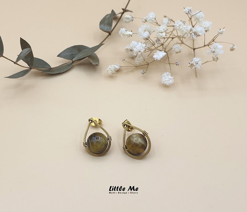 【กล่องของขวัญ】Handmade simply earring with tiger eye stone ,brass - ต่างหู - โลหะ สีทอง