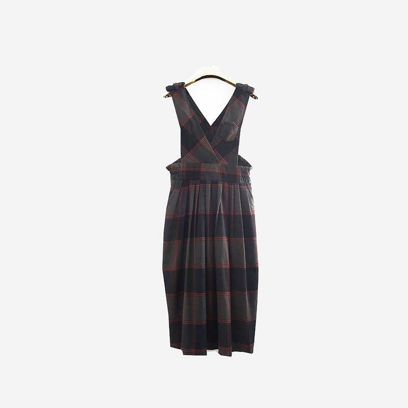 Dislocation vintage / black gray line plaid vest dress no.929 vintage - One Piece Dresses - Cotton & Hemp Gray