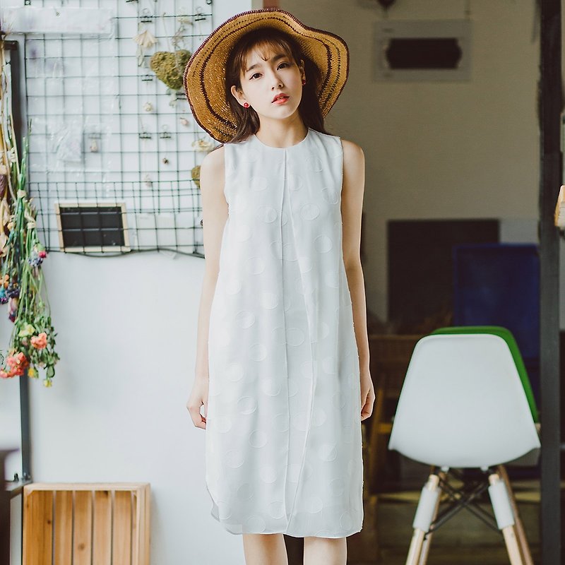 Anne Chen 2017 summer new lady big wave point split fork dress dress - ชุดเดรส - ผ้าฝ้าย/ผ้าลินิน ขาว